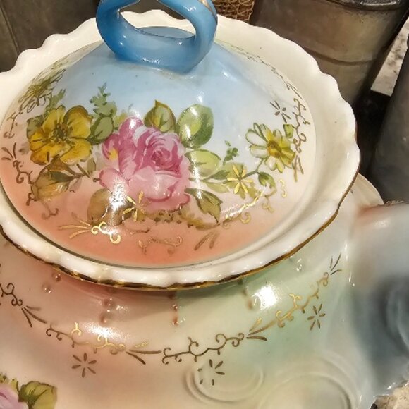 Norcrest Japan Porcelain Full Size Teapot Tea Pot Floral Blue Pink Gold Trim EUC - Picture 5 of 8
